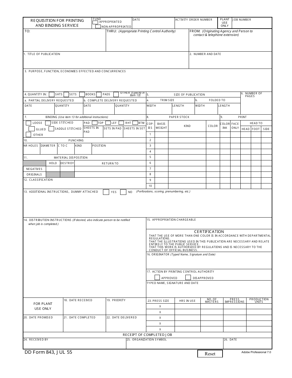 DD Form 843 Requisition for Printing and Binding Service, Page 1