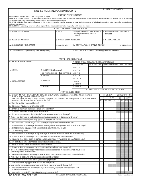 DD Form 1800 Mobile Home Inspection Record
