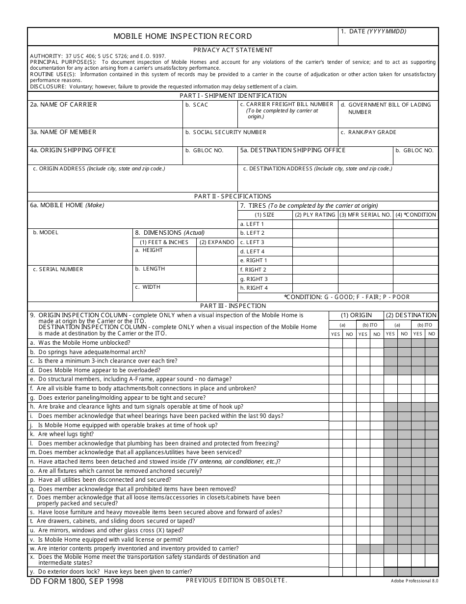 DD Form 1800 Mobile Home Inspection Record, Page 1
