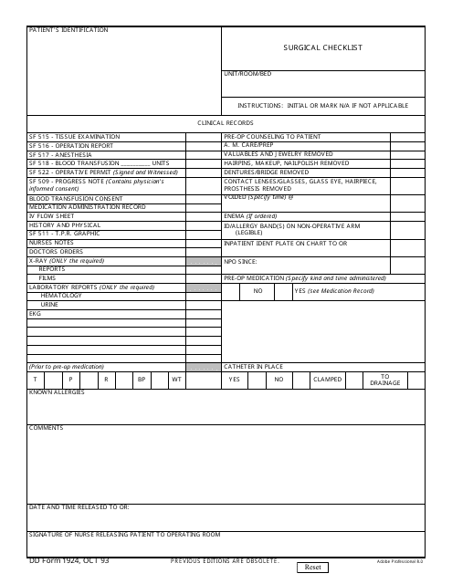 DD Form 1924 Surgical Checklist