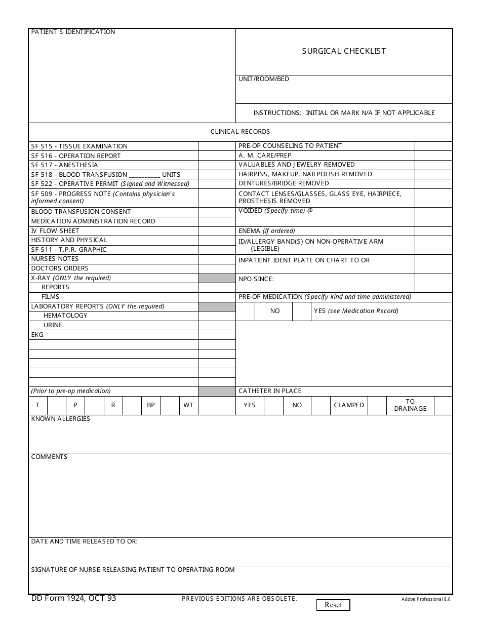 DD Form 1924 Surgical Checklist, Page 1