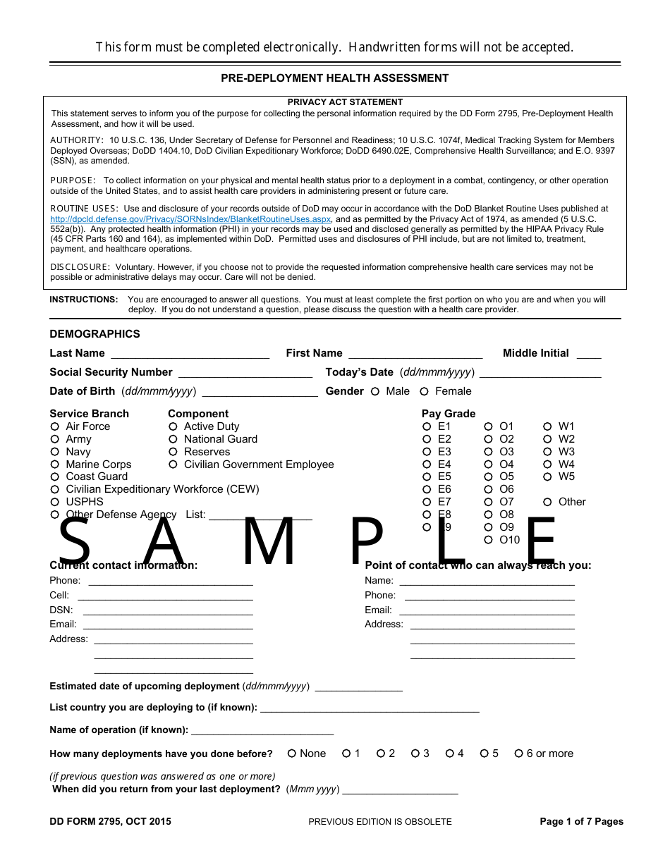 DD Form 2795 Pre-deployment Health Assessment, Page 1