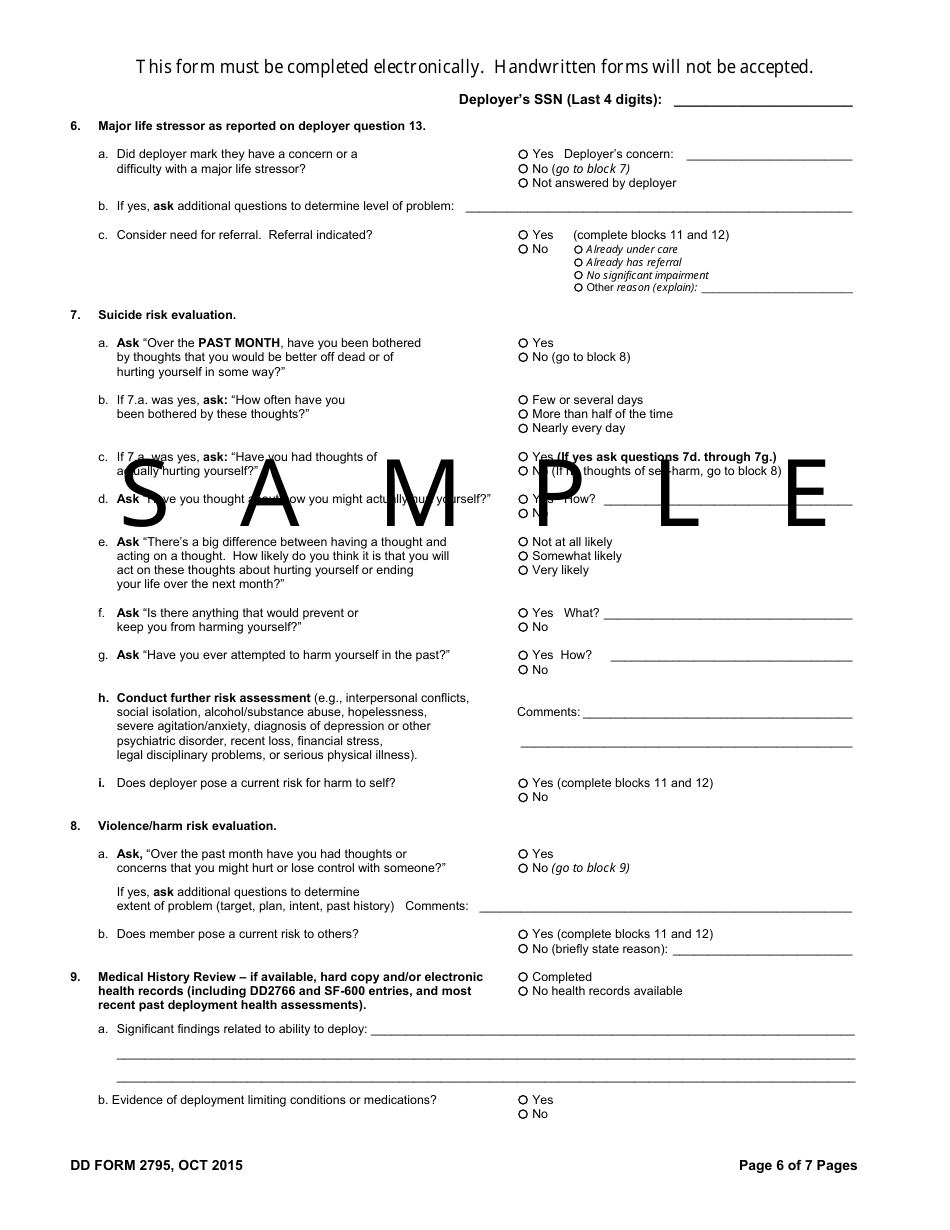 DD Form 2795 Pre-deployment Health Assessment, Page 6