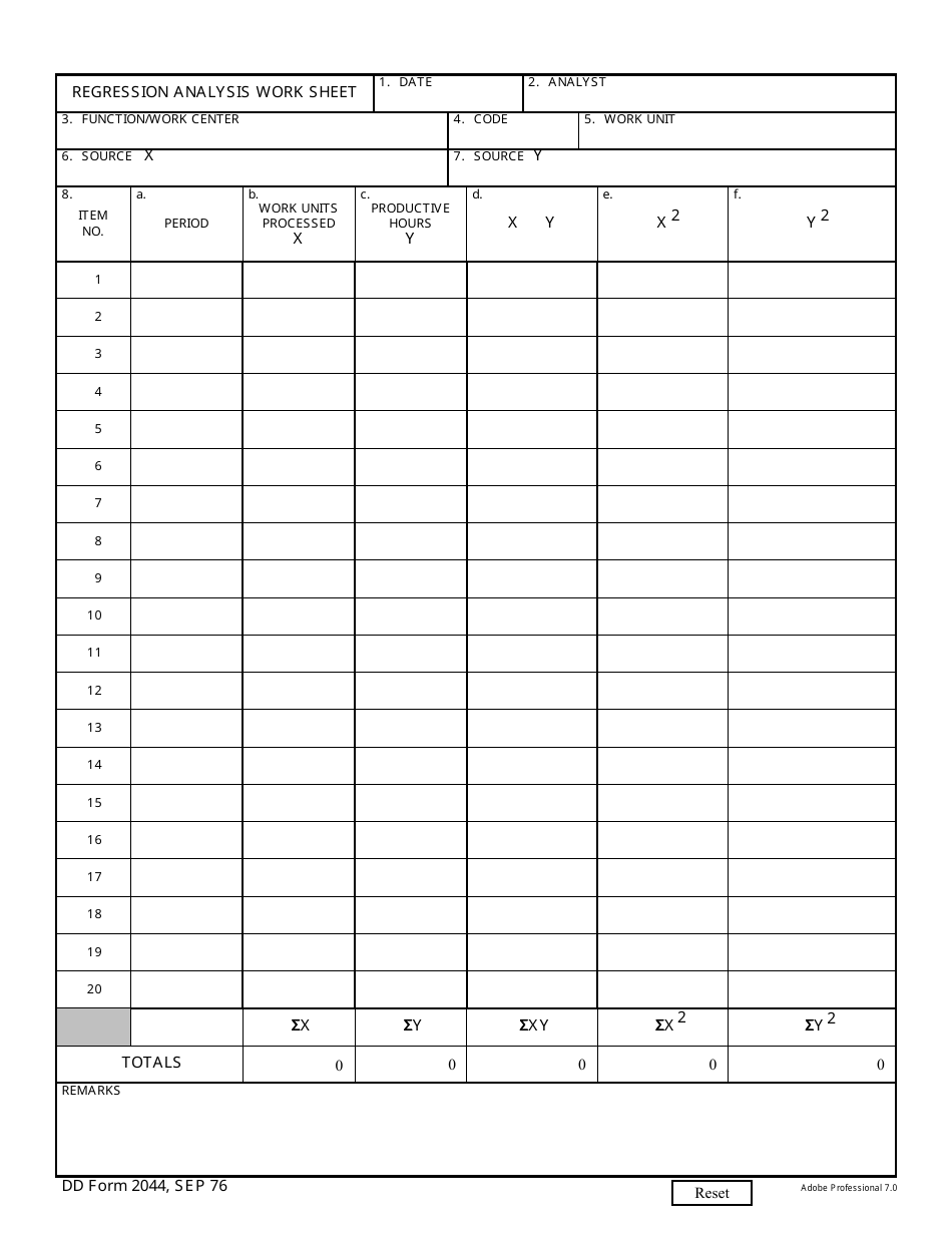DD Form 2044 Regression Analysis Worksheet, Page 1