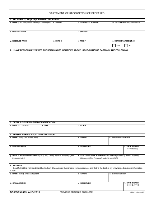 DD Form 565 Statement of Recognition of Deceased