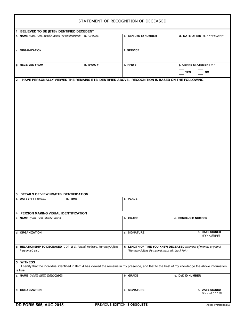 DD Form 565 Statement of Recognition of Deceased, Page 1