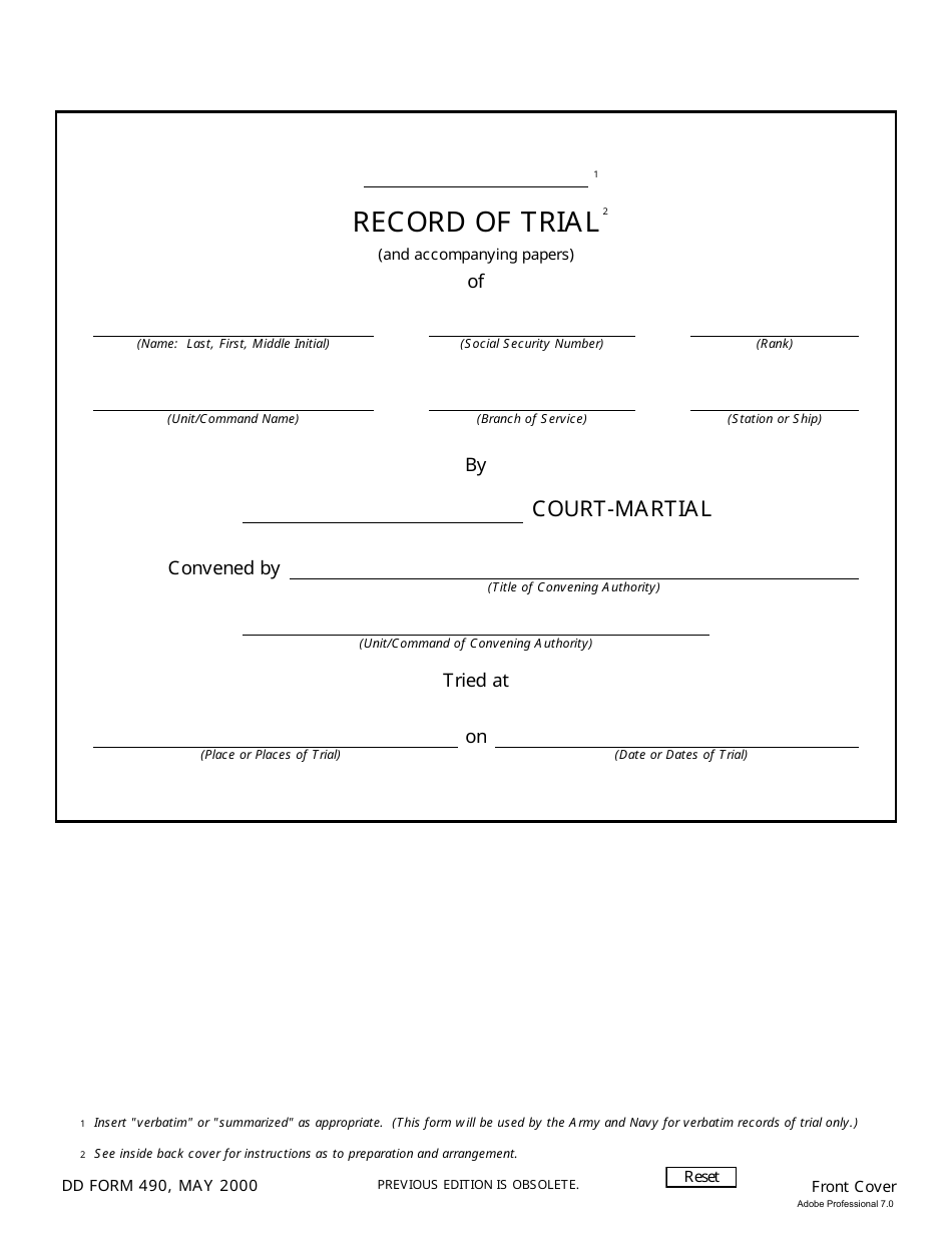 DD Form 490 Record of Trial, Page 1