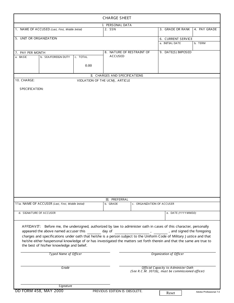 DD Form 458 Charge Sheet, Page 1