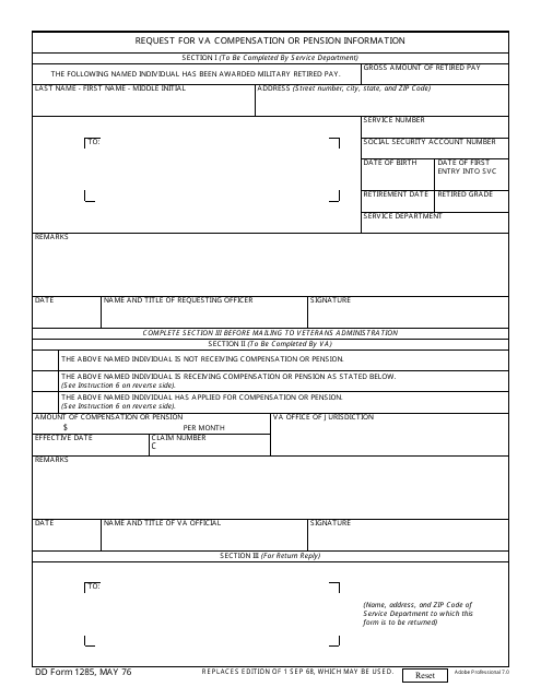 DD Form 1285 Request for VA Compensation or Pension Information