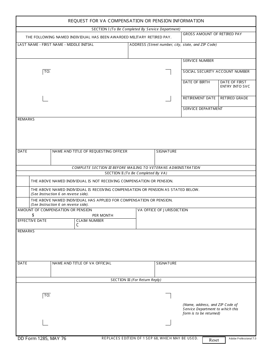 DD Form 1285 Request for VA Compensation or Pension Information, Page 1