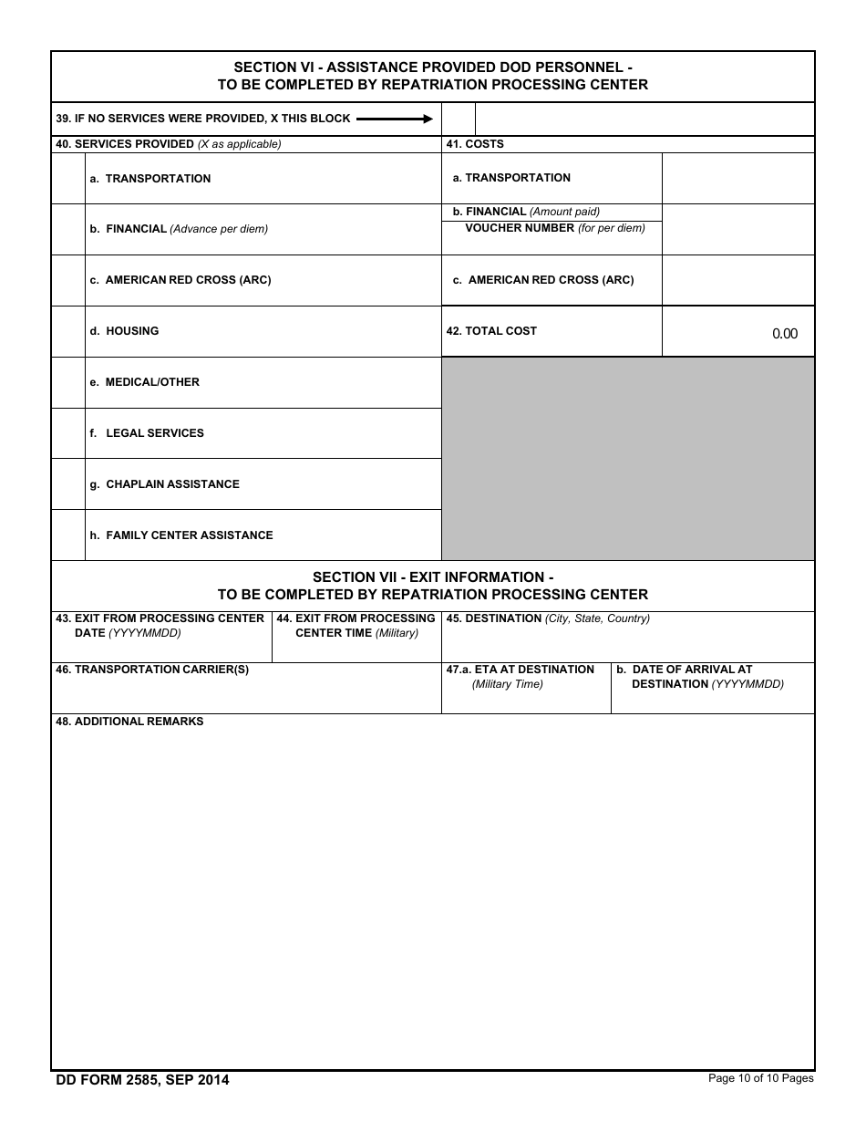 DD Form 2585 Repatriation Processing Center Processing Sheet, Page 10