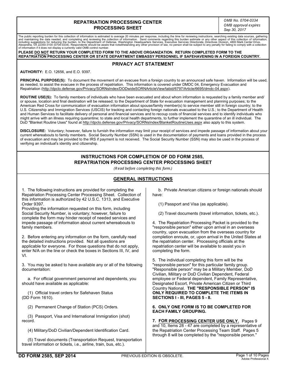 DD Form 2585 Repatriation Processing Center Processing Sheet, Page 1