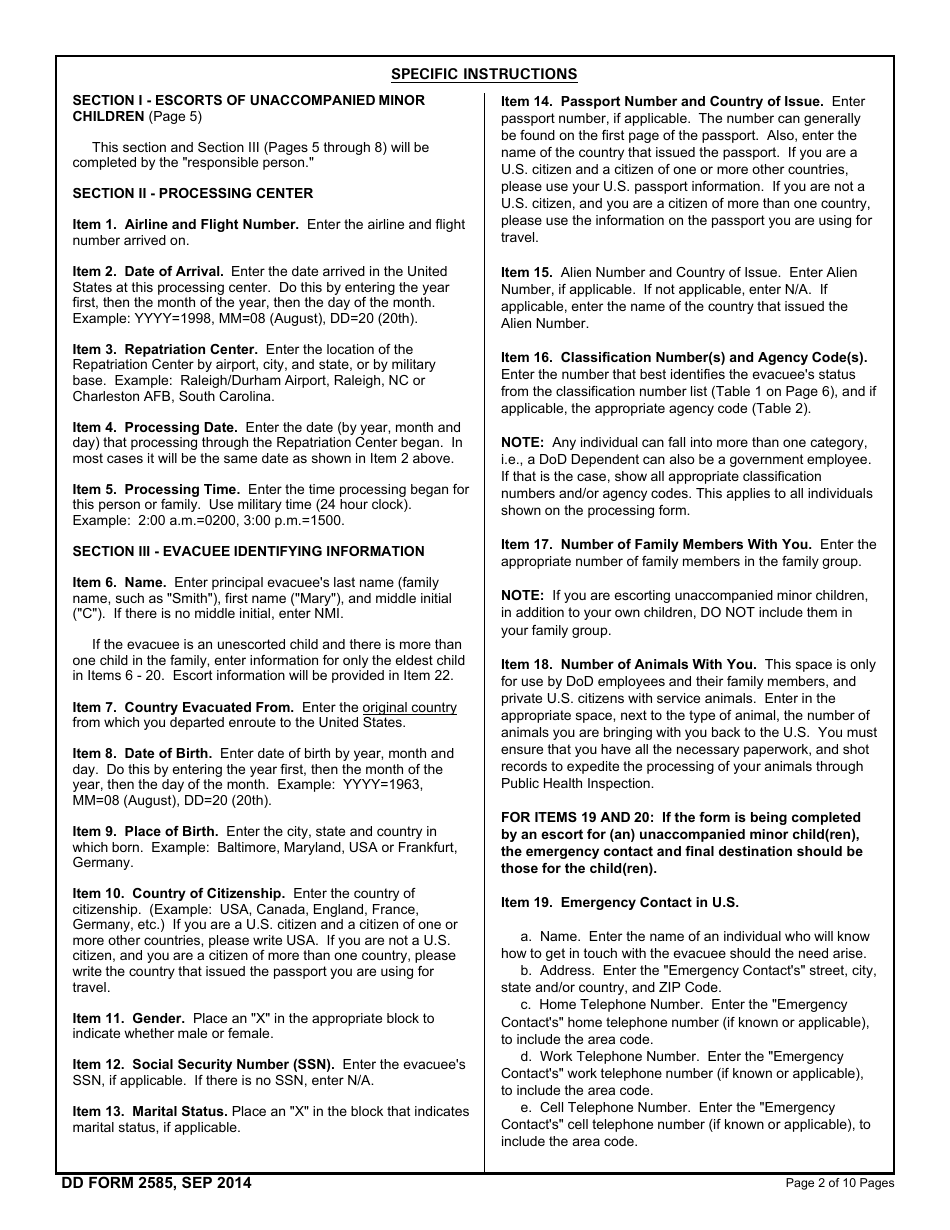 DD Form 2585 Repatriation Processing Center Processing Sheet, Page 2