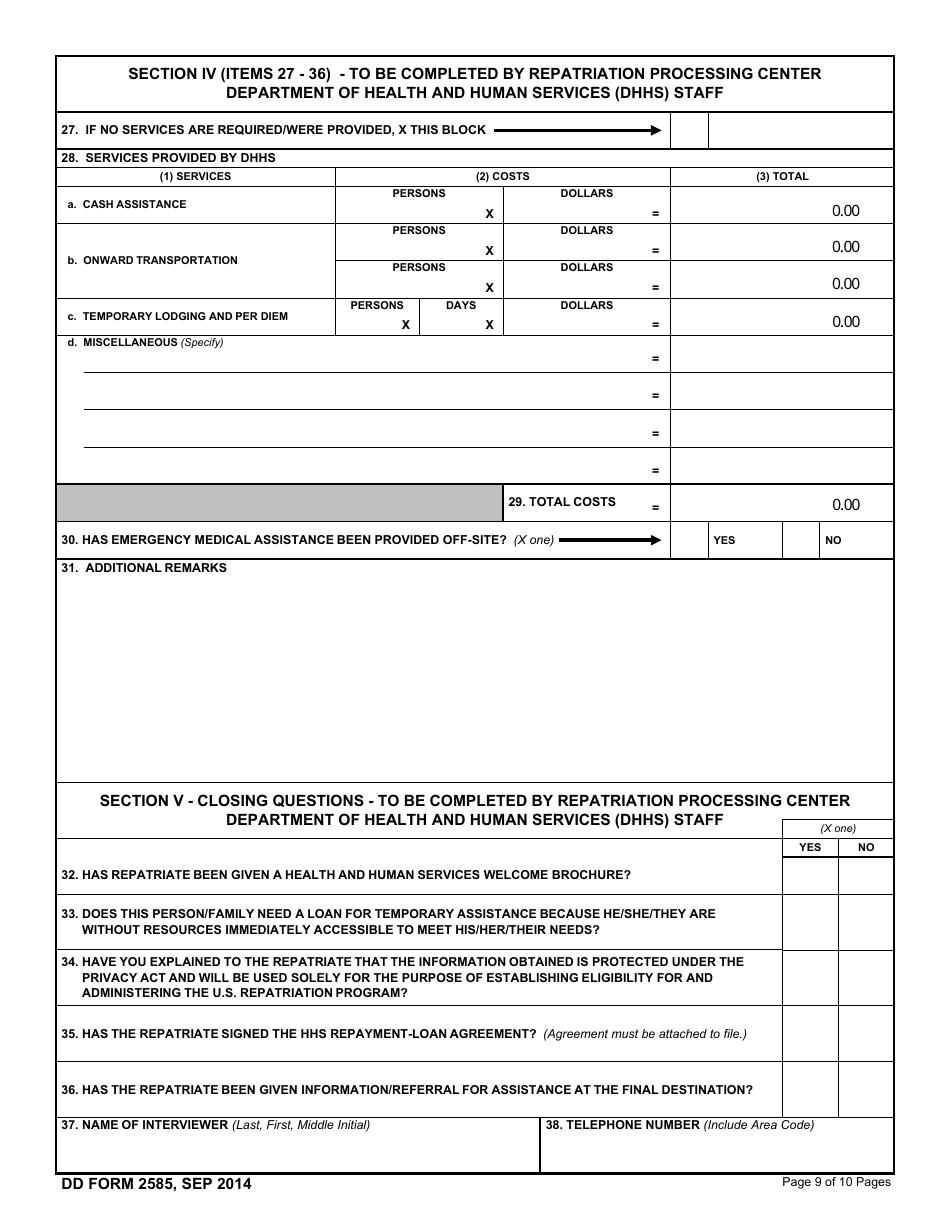 DD Form 2585 Repatriation Processing Center Processing Sheet, Page 9