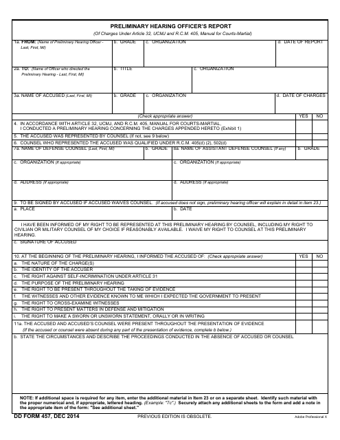 DD Form 457  Printable Pdf