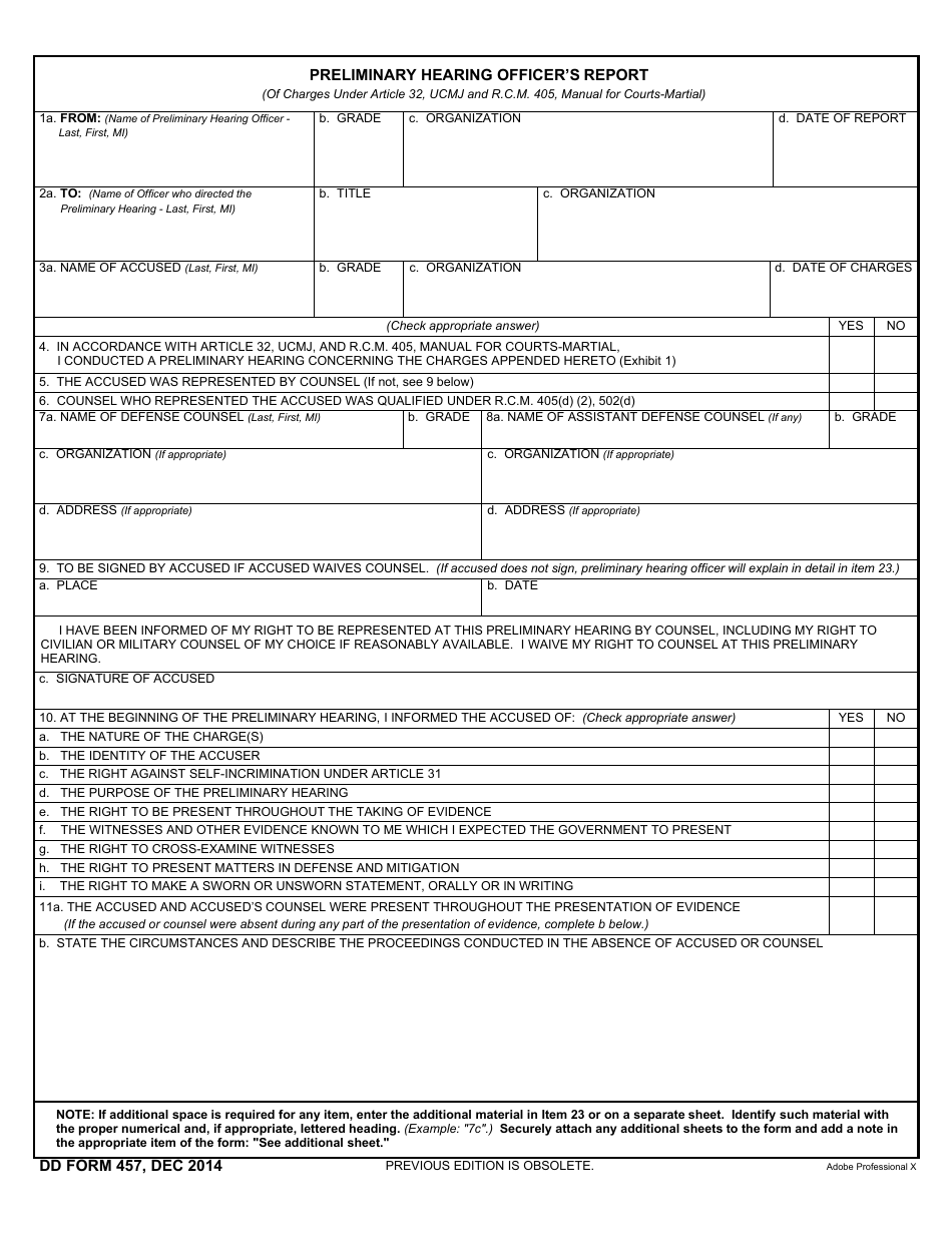 DD Form 457 Preliminary Hearing Officers Report, Page 1