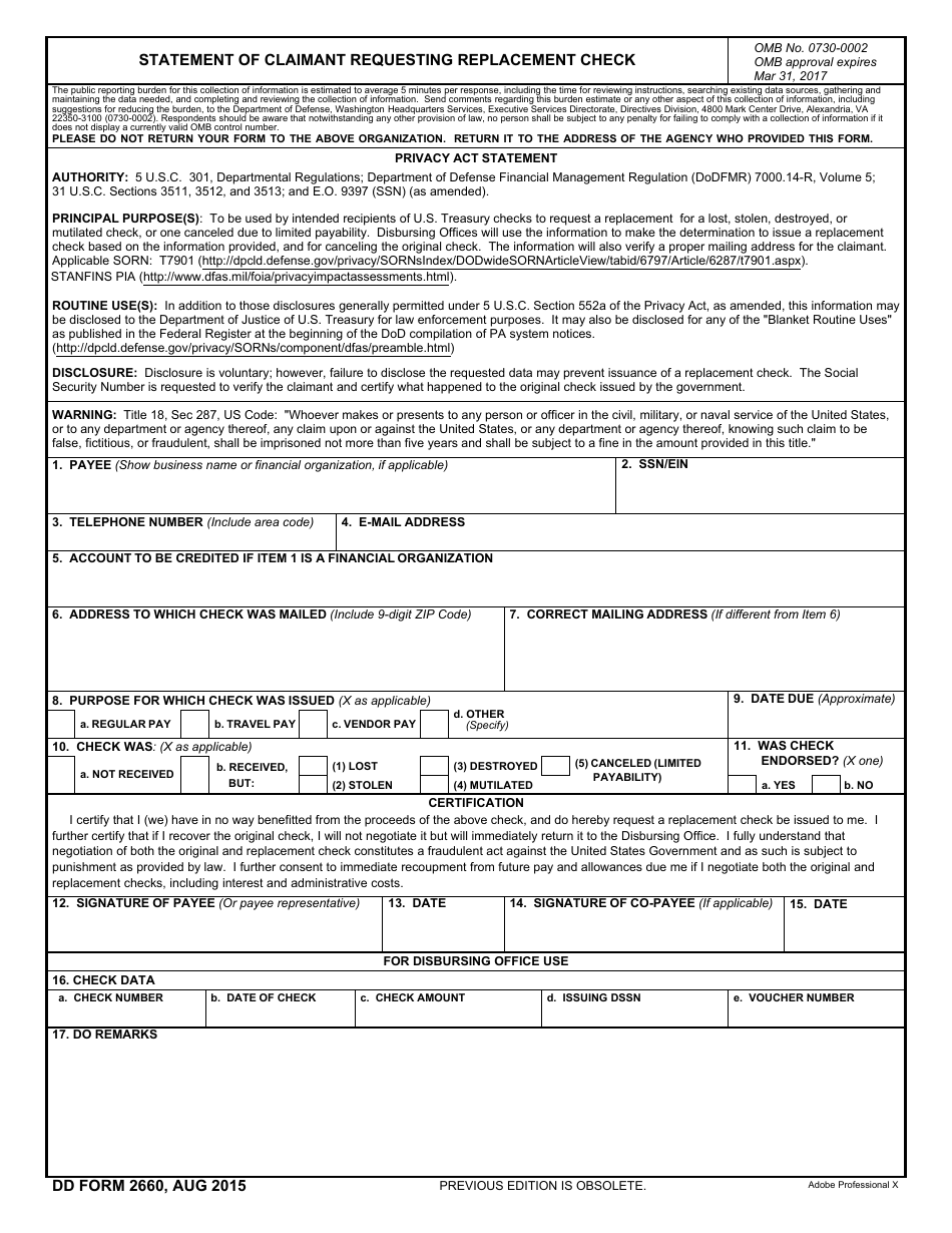 DD Form 2660 Statement of Claimant Requesting Recertified Check, Page 1