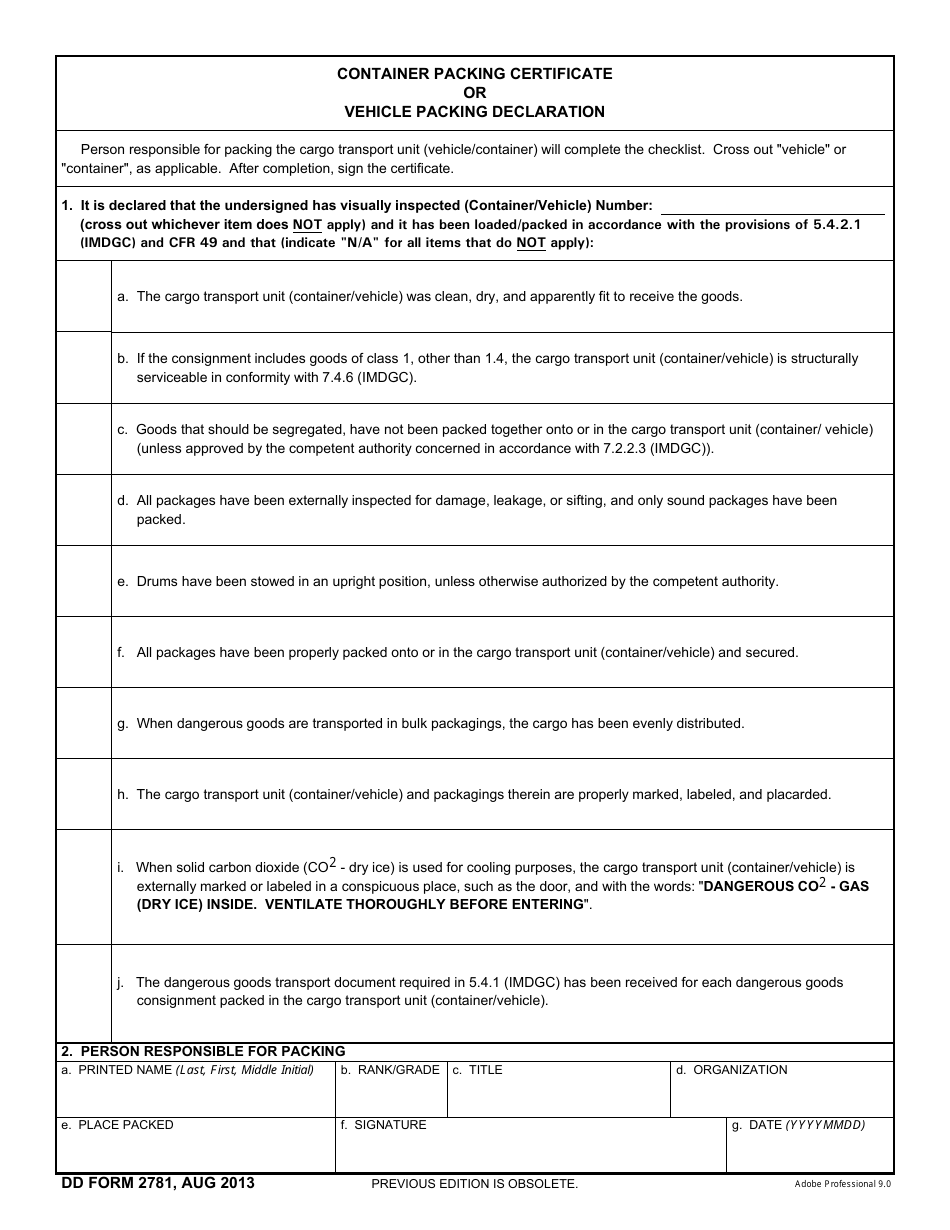 DD Form 2781 Container Packing Certificate or Vehicle Packing Declaration, Page 1