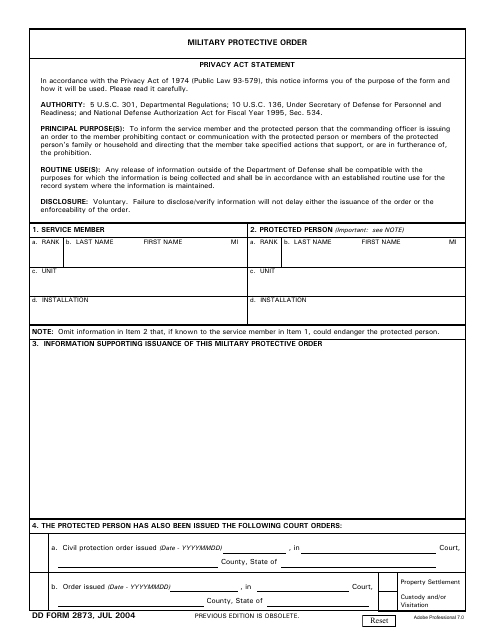 DD Form 2873  Printable Pdf