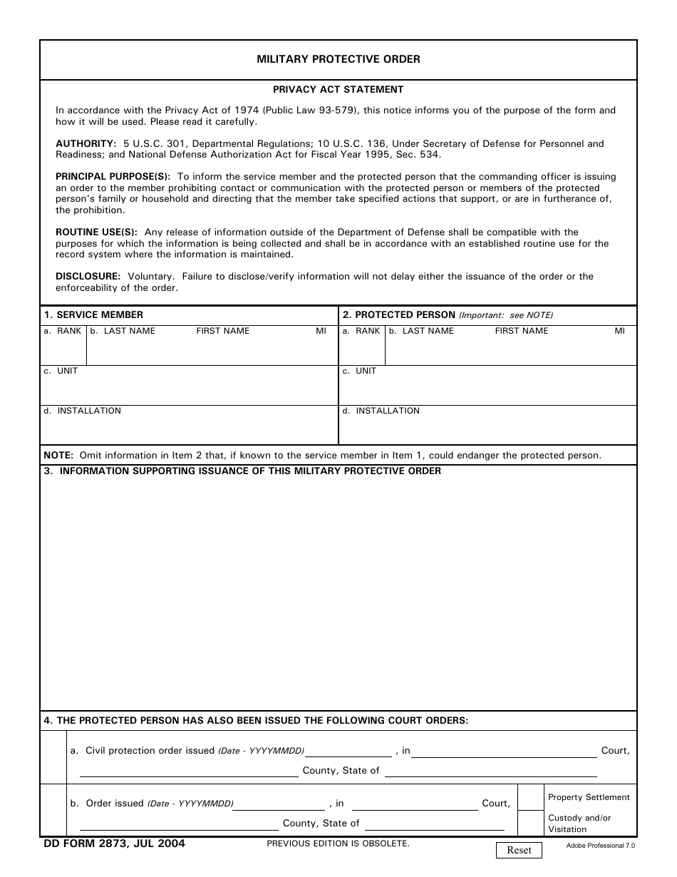 DD Form 2873 Military Protective Order, Page 1