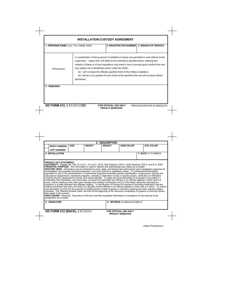 DD Form 512 Installation Custody Agreement, Page 1