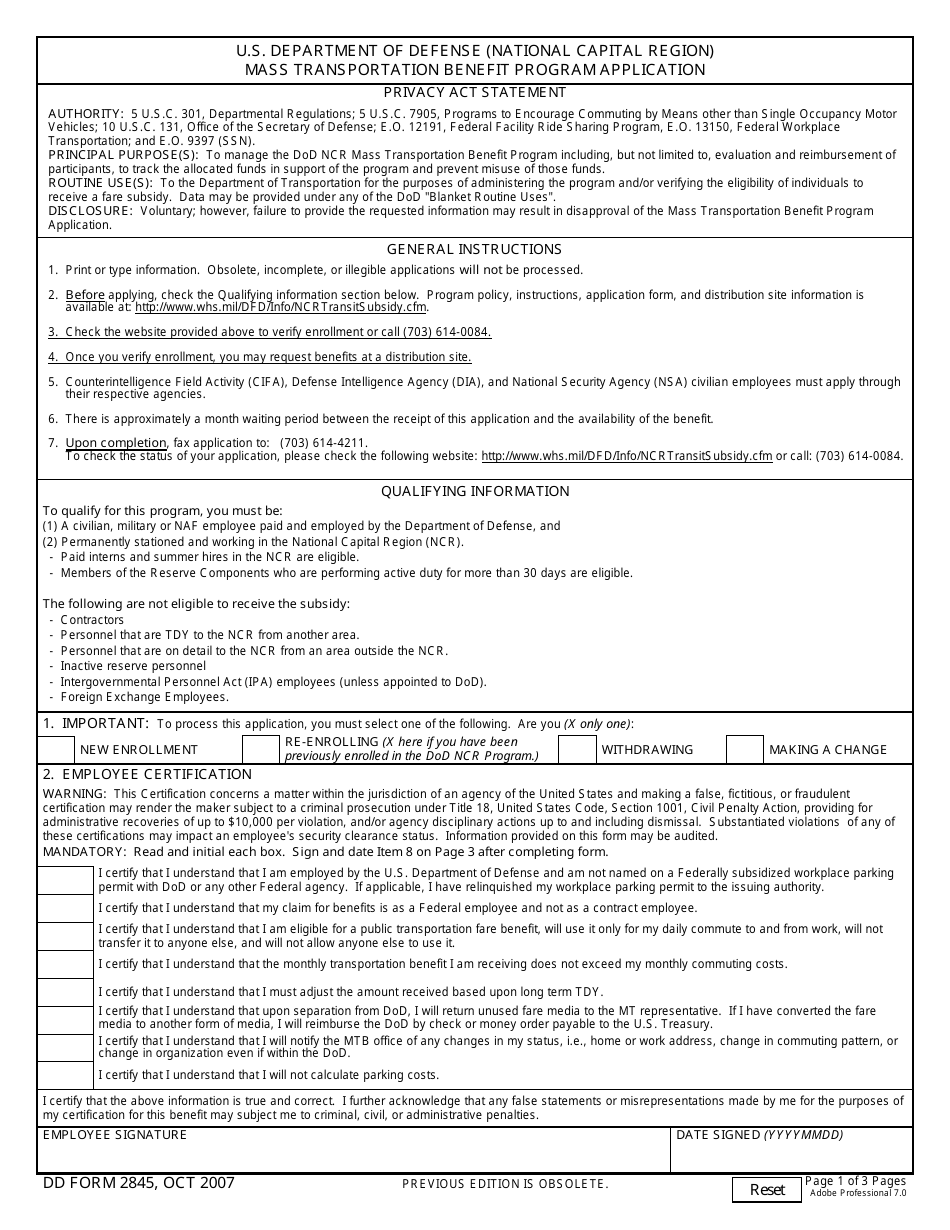 DD Form 2845 Mass Transportation Benefit Program Application, Page 1