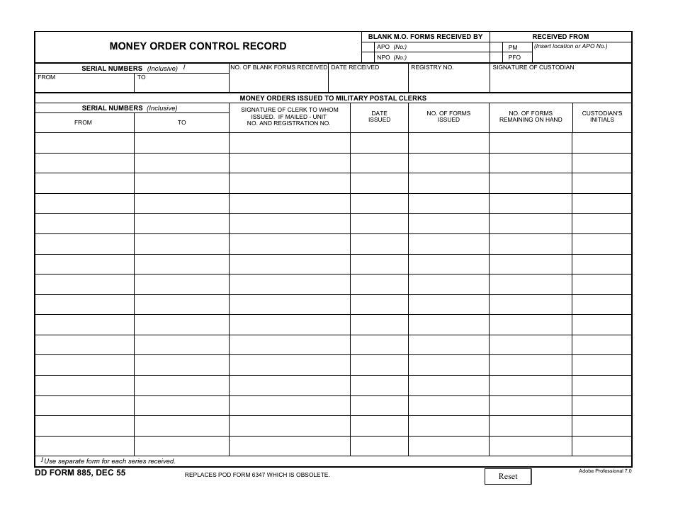 DD Form 885 Money Order Control Record, Page 1
