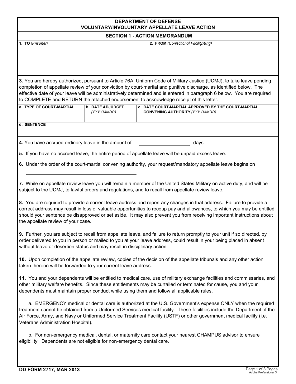 DD Form 2717 Voluntary / Involuntary Appellate Leave Action, Page 1