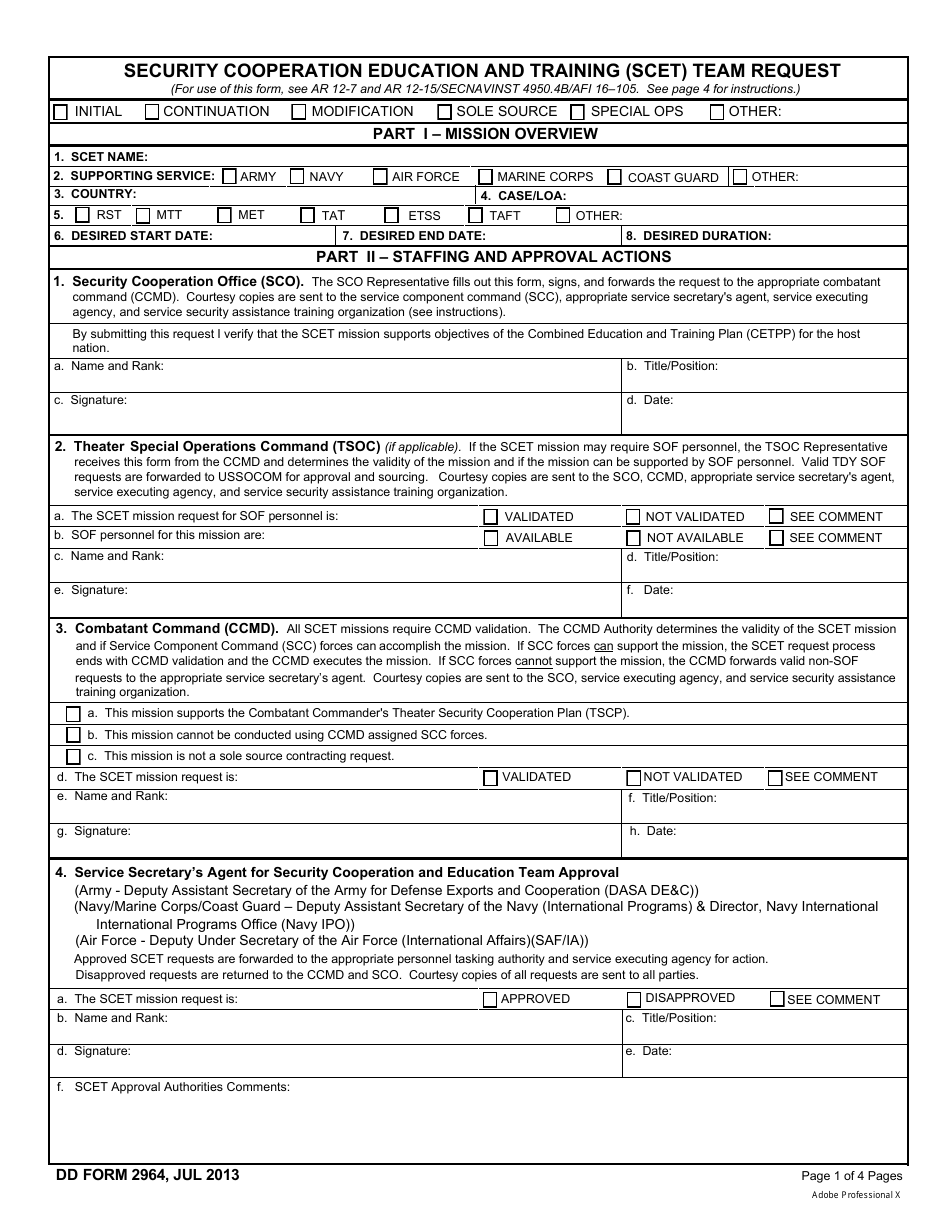 DD Form 2964 Security Cooperation Education and Training (Scet) Team Request, Page 1