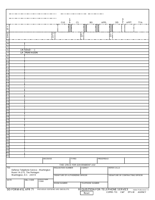 DD Form 410 Requisition for Telephone Service