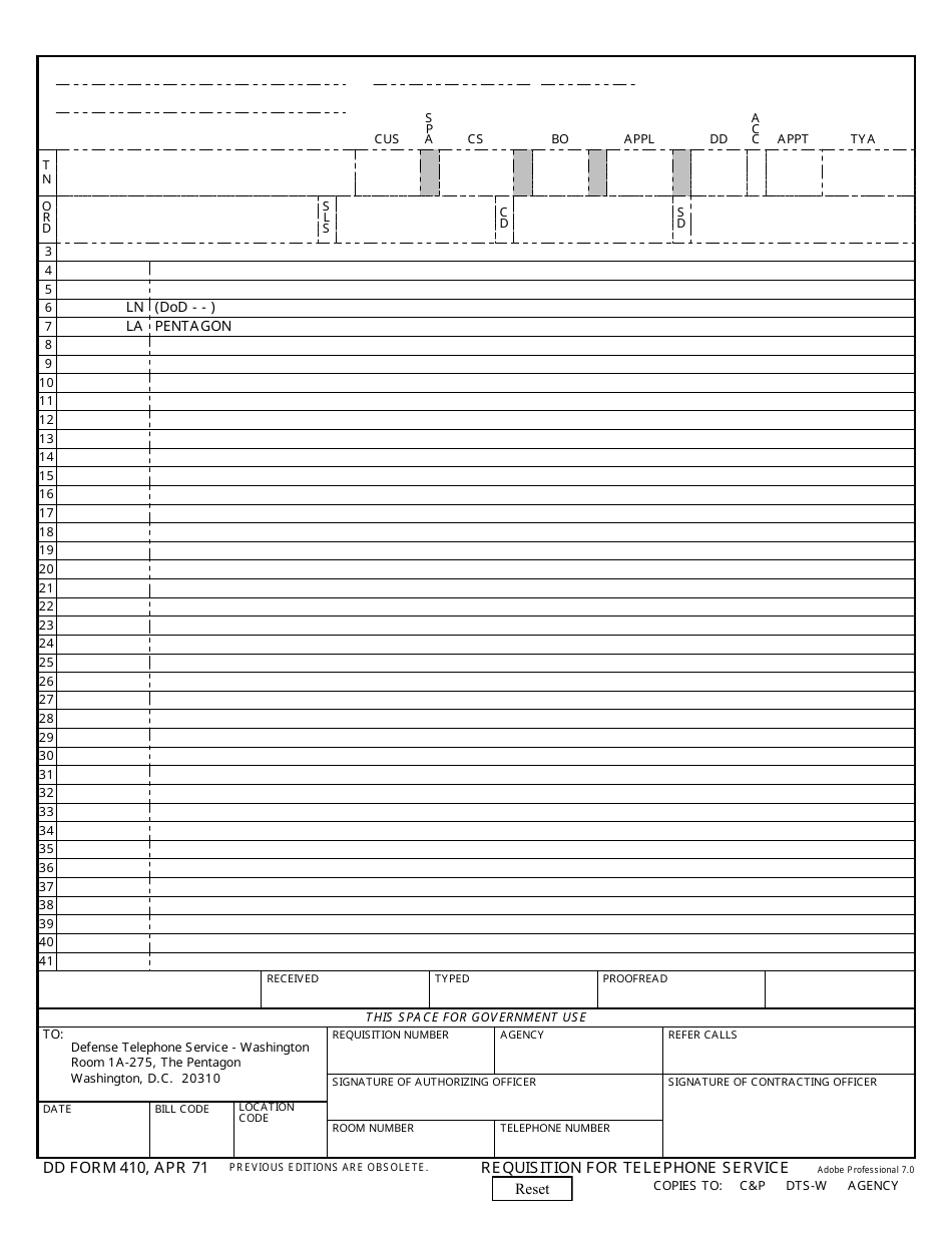 DD Form 410 Requisition for Telephone Service, Page 1