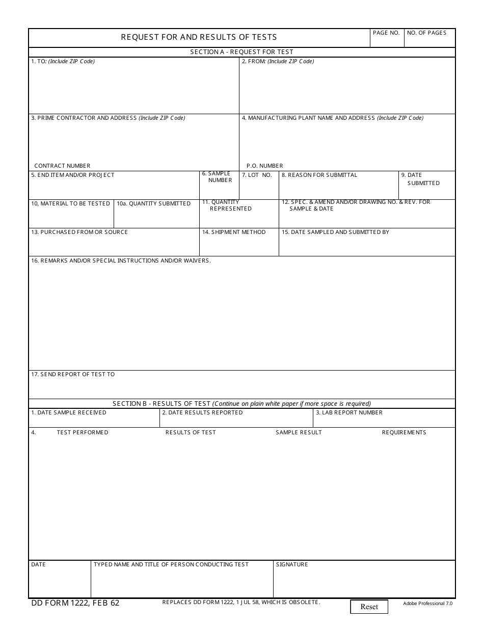 DD Form 1222 Request for and Results of Tests, Page 1