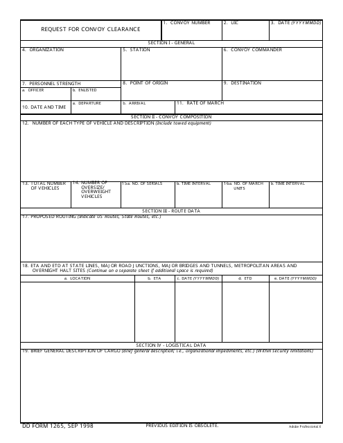 DD Form 1265 Download Printable PDF Request for Convoy Clearance