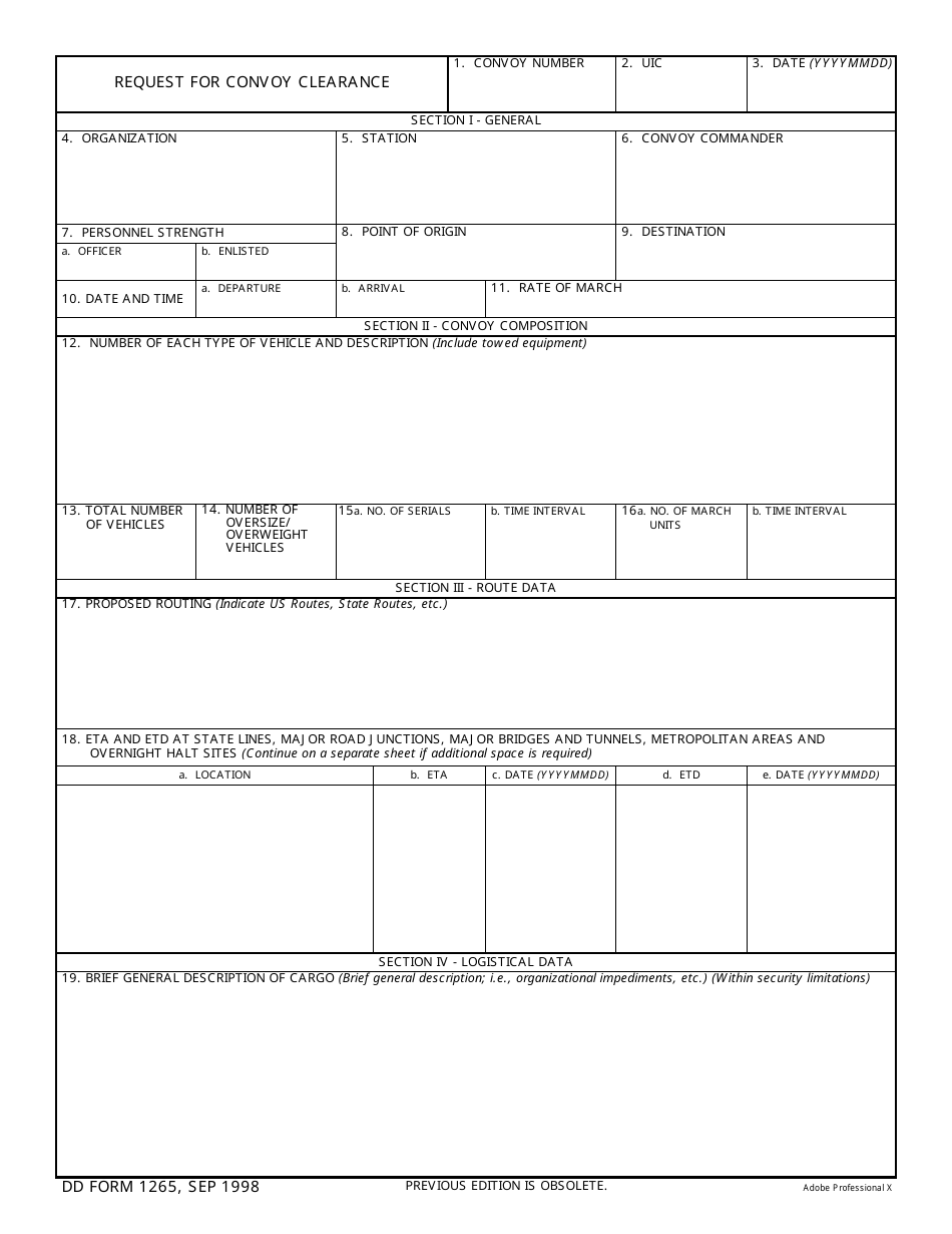 DD Form 1265 Request for Convoy Clearance, Page 1