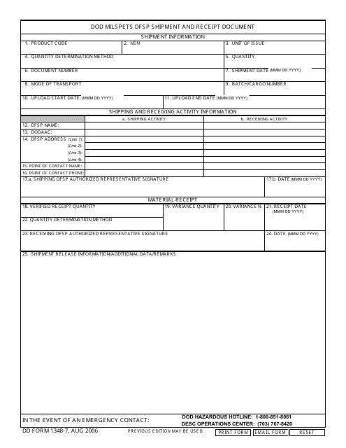 DD Form 1348-7 DoD Milspets DFSP Shipment and Receipt Document