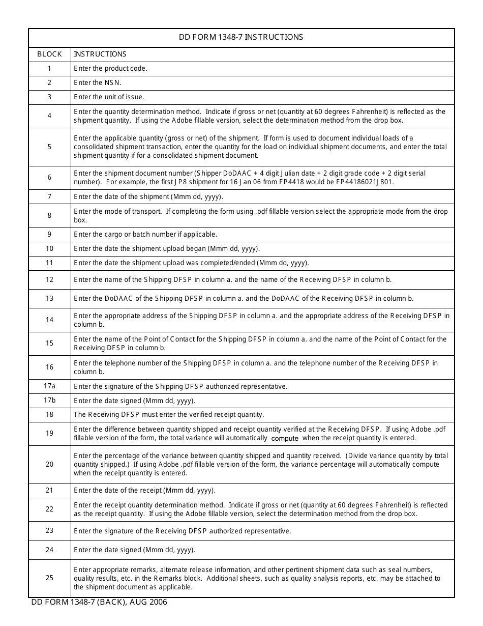 DD Form 1348-7 DoD Milspets DFSP Shipment and Receipt Document, Page 2