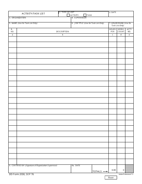 DD Form 2030 Activity/Task List