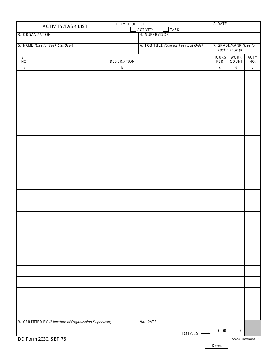 DD Form 2030 Activity / Task List, Page 1