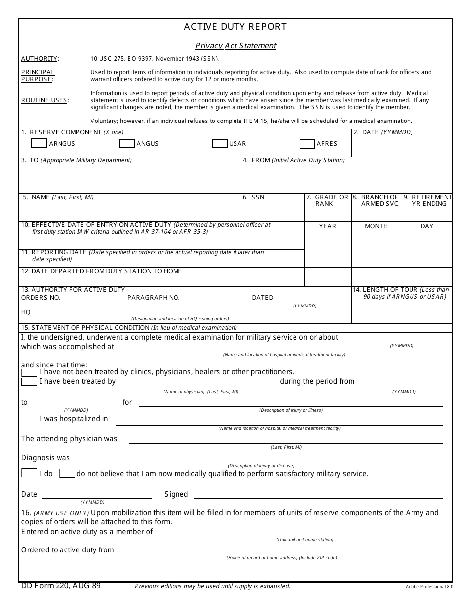 DD Form 220 Active Duty Report, Page 1