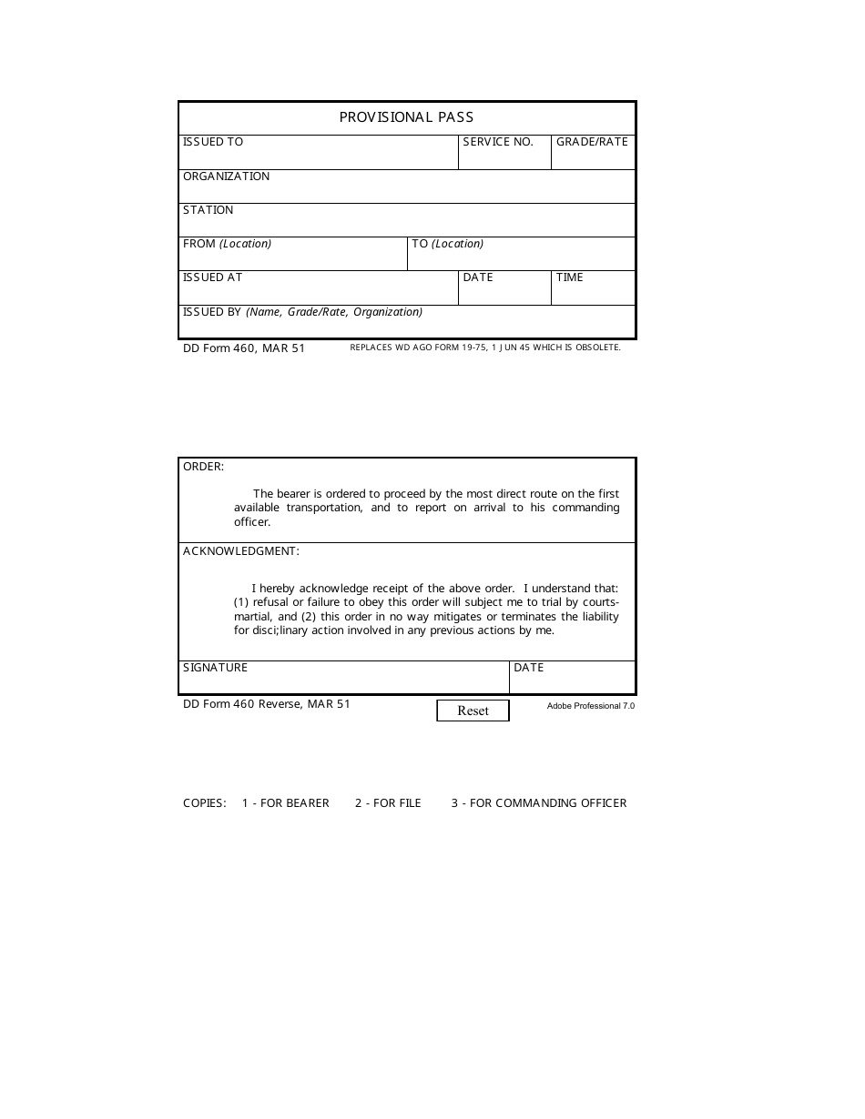 DD Form 460 Provisional Pass, Page 1
