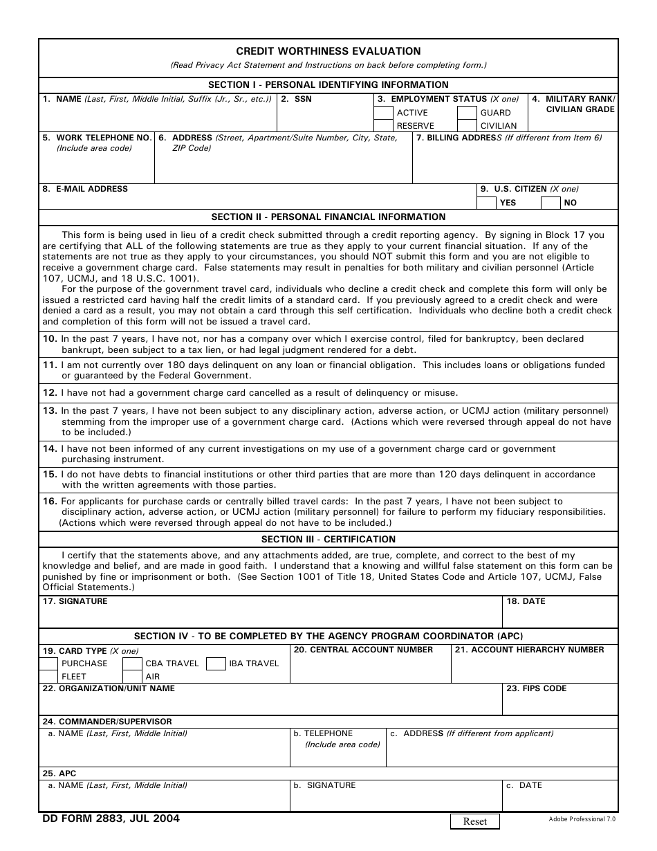 DD Form 2883 Credit Worthiness Evaluation, Page 1