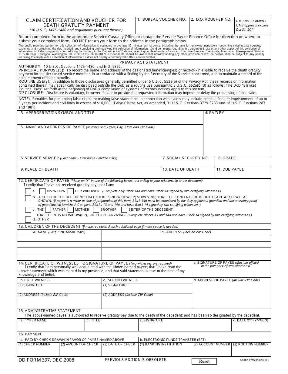 DD Form 397 Claim Certification and Voucher for Death Gratuity Payment, Page 1