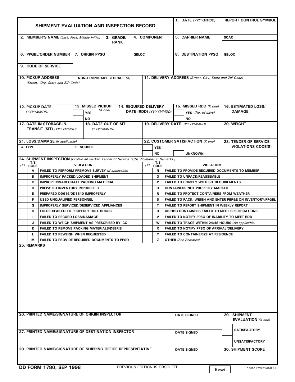 DD Form 1780 Shipment Evaluation and Inspection Record, Page 1
