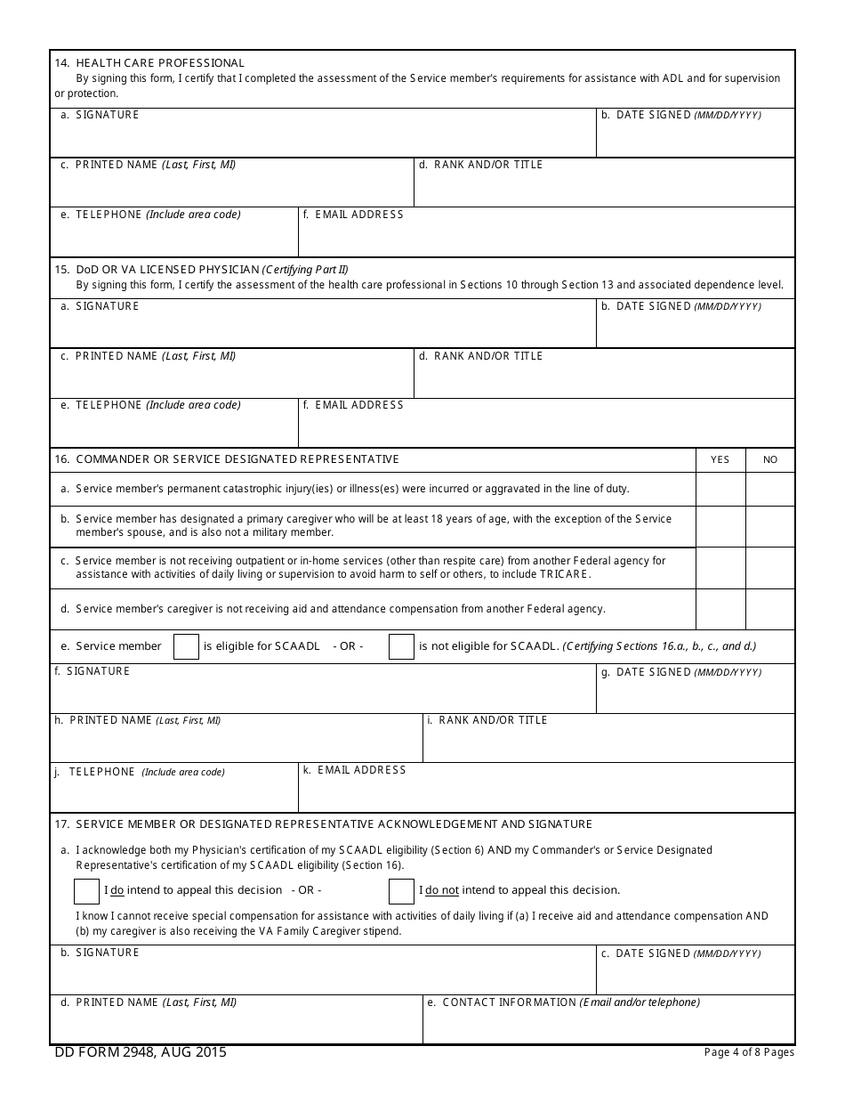 DD Form 2948 Special Compensation for Assistance With Activities of Daily Living (SCAADL) Eligibility, Page 4