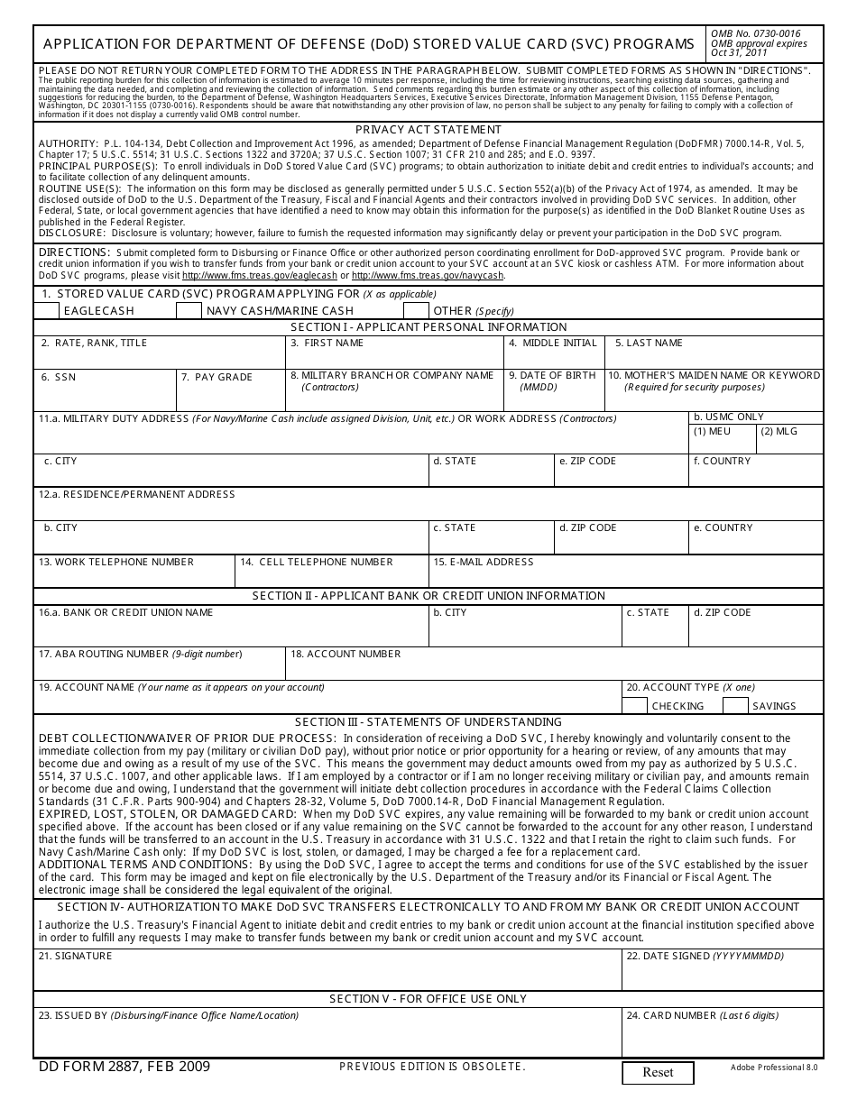 DD Form 2887 Application for the Department of Defense (DoD) Stored Value Card (SVC) Programs, Page 1