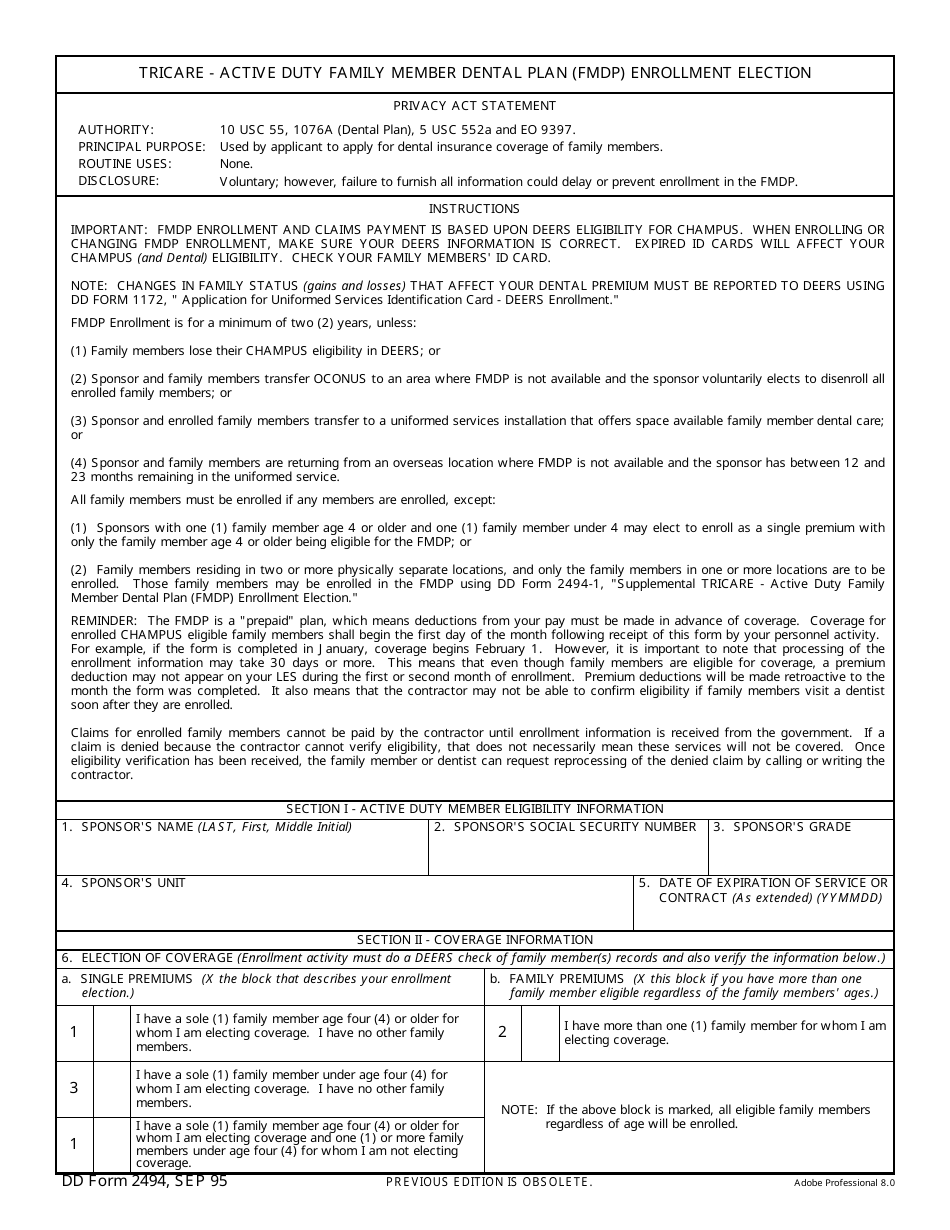 DD Form 2494 TRICARE - Active Duty Family Member Dental Plan (Fmdp) Enrollment Election, Page 1