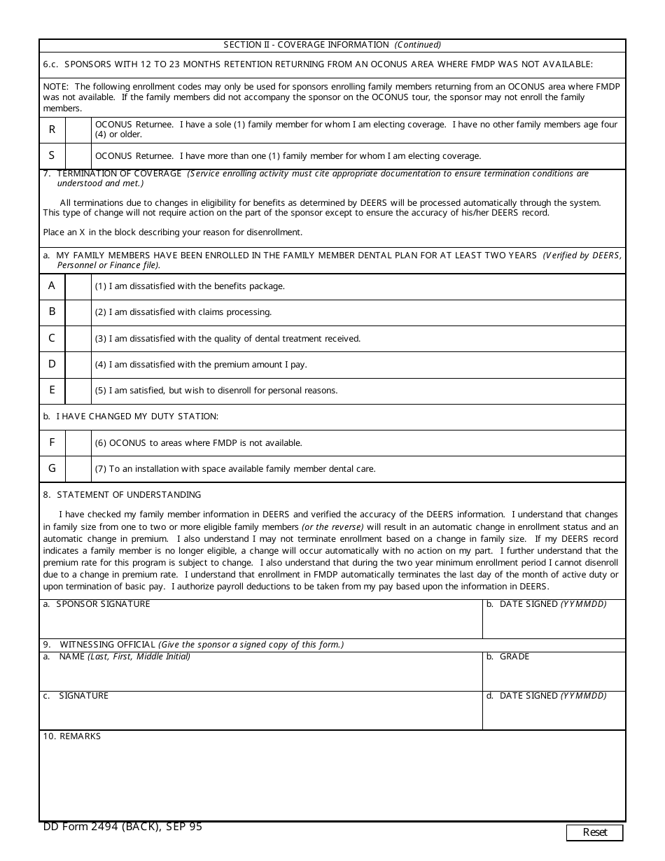 DD Form 2494 TRICARE - Active Duty Family Member Dental Plan (Fmdp) Enrollment Election, Page 2