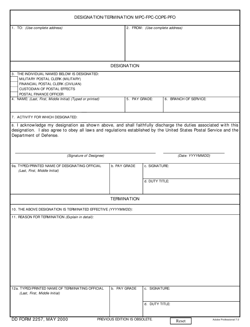 DD Form 2257 Download Fillable PDF or Fill Online Designation ...