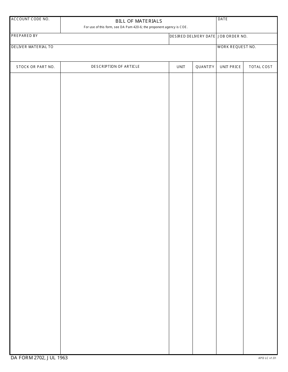 DA Form 2702 Bill of Materials, Page 1