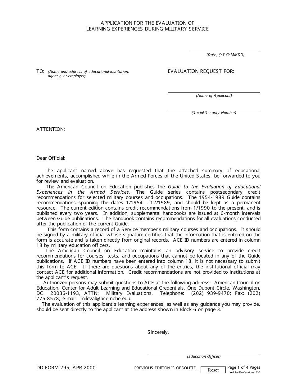 DD Form 295 Application for the Evaluation of Learning Experiences During Military Service, Page 1